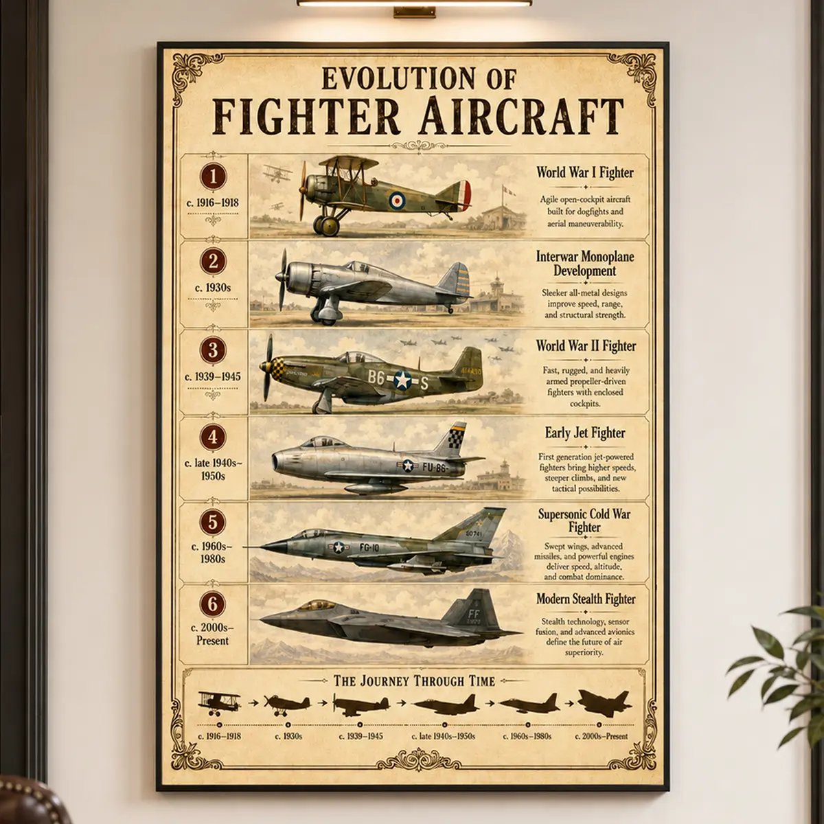 Military Wall Poster, Evolution of Fighter Aircraft, Military Aviation History Wall Art, Vintage Airplane Timeline Print, Educational Aviation Poster for Office, Man Cave or Classroom, Pilot Gift, History Buff Decor, Framed Canvas Art