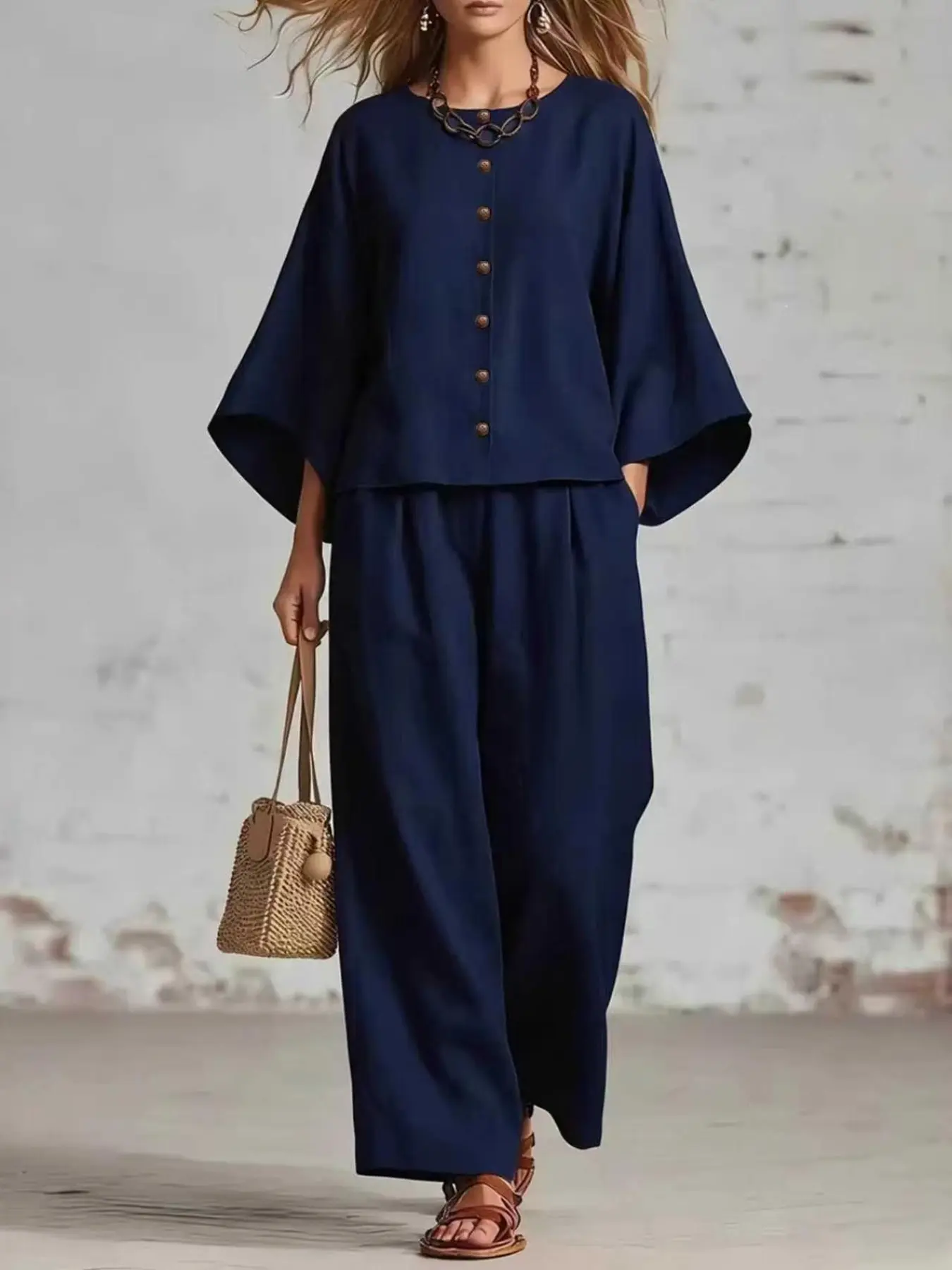 Elegant Ol-Style Women’s Clothing, 2026 Summer Design Collection, Patchwork Cotton-Blend Fabric, Seven-Sleeve Set, Fashionable and Comfortable