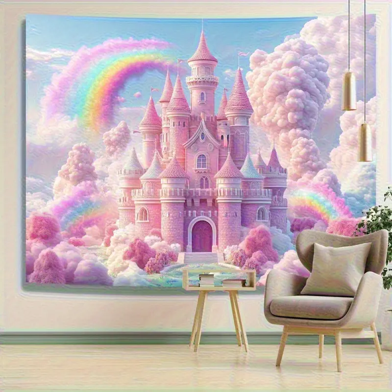 Neon,Nature,Bohemian,Sun,Boho Hippie Castle Rainbow Clouds Whimsical Tapestry - Peach Light Beige Fabric Wall Hanging, Wedding/Engagement/Ceremony Backdrop, Extra-Large Dorm Decor, Traditional Bonfire Outdoor Banner, Special Occasion Gift