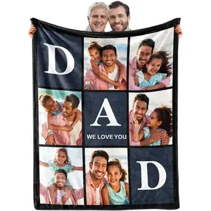 Custom Photo Blanket, Navy Blue Letter Grid Flannel Throw, Personalized Father Child Memory Gift, Heartfelt Father's Day Birthday Gift for Dad Husband from Daughter Son Kids, Soft Cozy Warm Blanket for Bed Couch