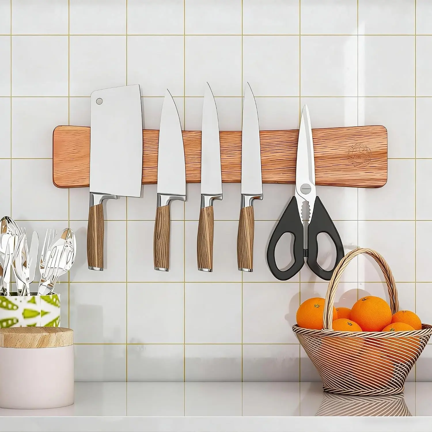 Magnetic Knife Strip, 16 Inch Oak Magnetic Knife Holder for Wall with N52 Super Strong Magnets, Premium Wooden Knife Magnetic Strip Organizer for Kitchen Knives, Tools,No Drilling