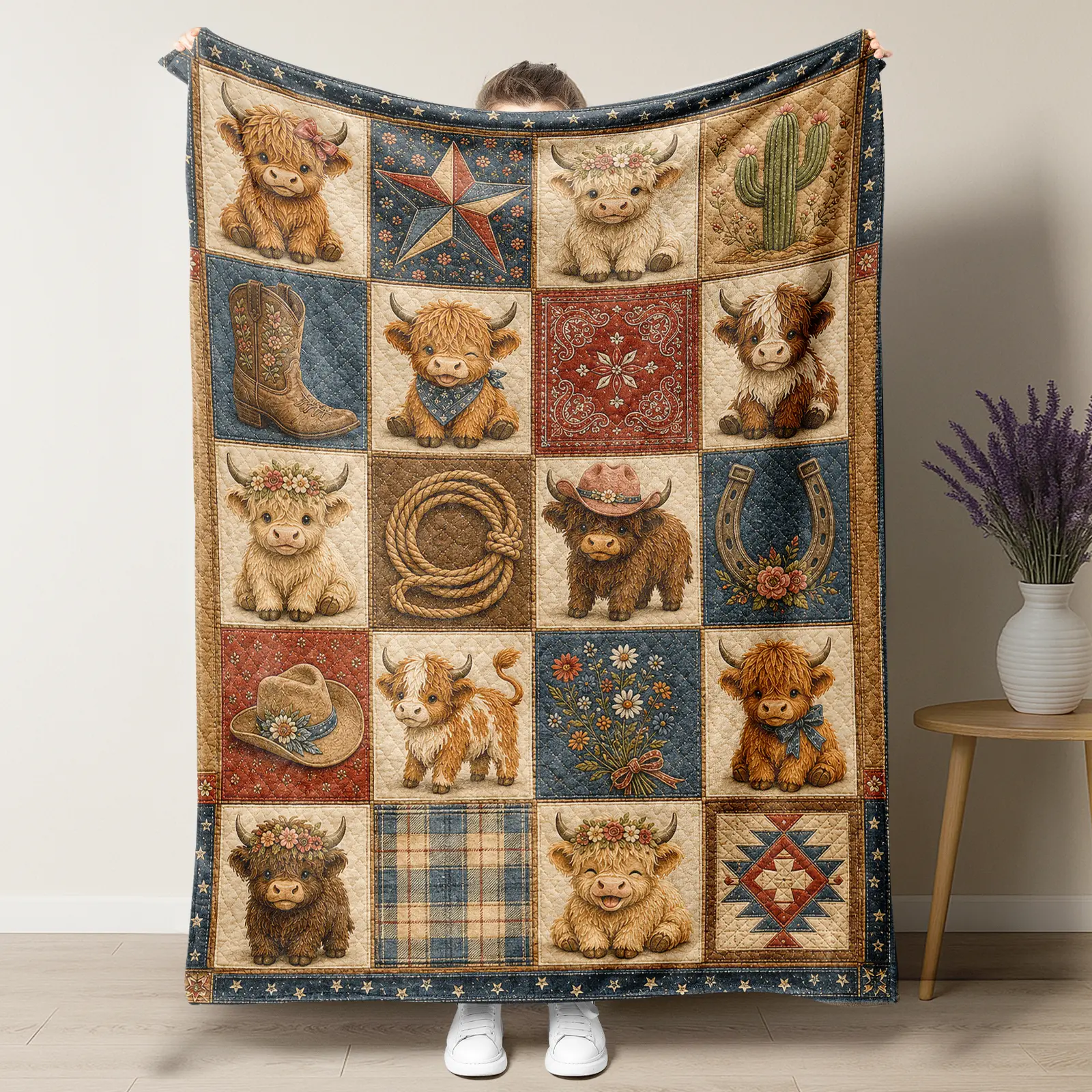 Vintage Farm Patchwork Throw Blanket - 100% Polyester Super Soft Fleece, Quilt-Style Print with Highland, Holstein, Floral, Plaid Patterns, Indoor/Outdoor for Sofa Bed, Rustic Whimsical Room Decor,sohochic