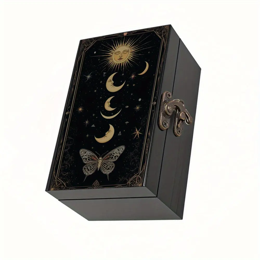 A Decorative Black Wooden Box Featuring Celestial Designs of The Sun, Moon, And Butterflies, Perfect for Halloween Home Decor Decoration Items