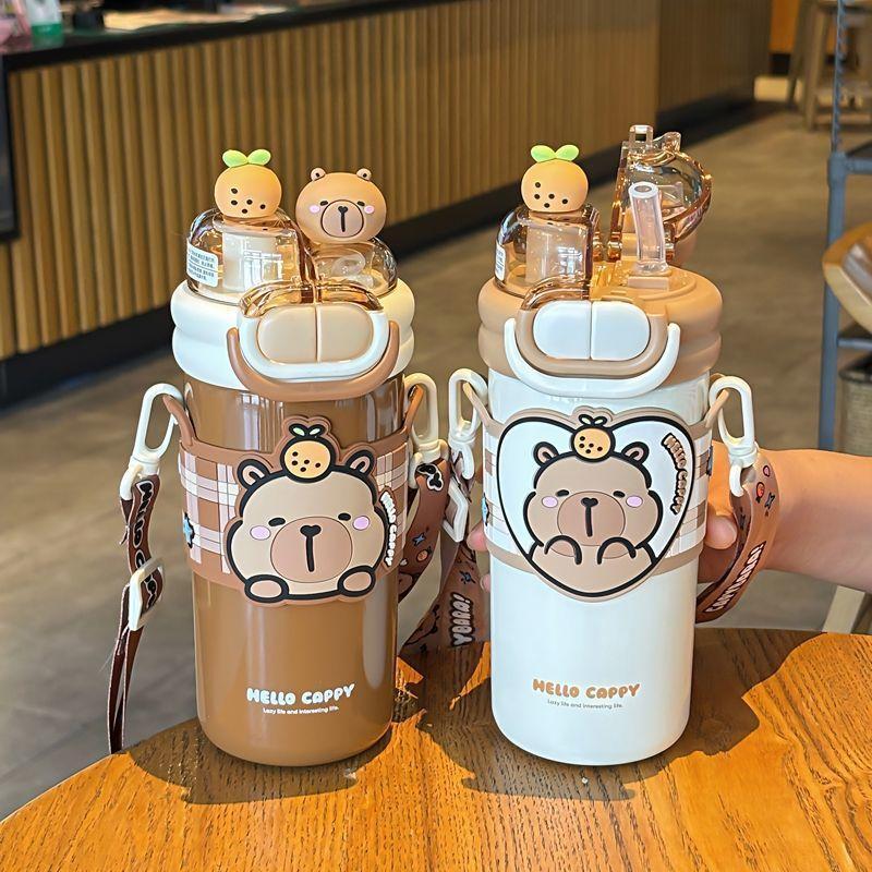 Capybara Children's Straw Insulated Cup for Kids 316 Stainless Steel Cartoon Double Drinking Diagonal Cross Travel Water Bottle