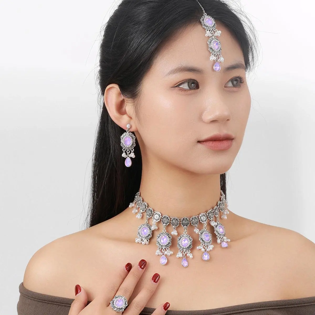 4 Piece Set Luxury Vintage Purple Crystal Flowers Necklace Earrings Ring Forehead Headband Banquet Wedding Jewelry Set for Women