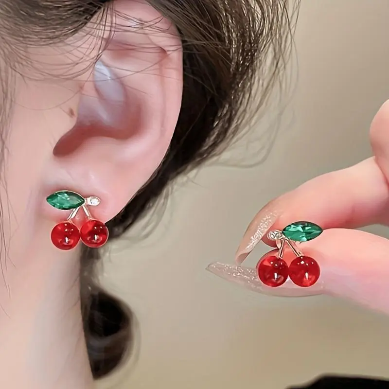 Cute Cherry Bead Charm Dangle Earrings for Women, Elegant Gold-Tone Copper Cocktail Jewelry for Parties & Daily Wear, Cherry Bead Charm Earrings, Cocktail Earrings