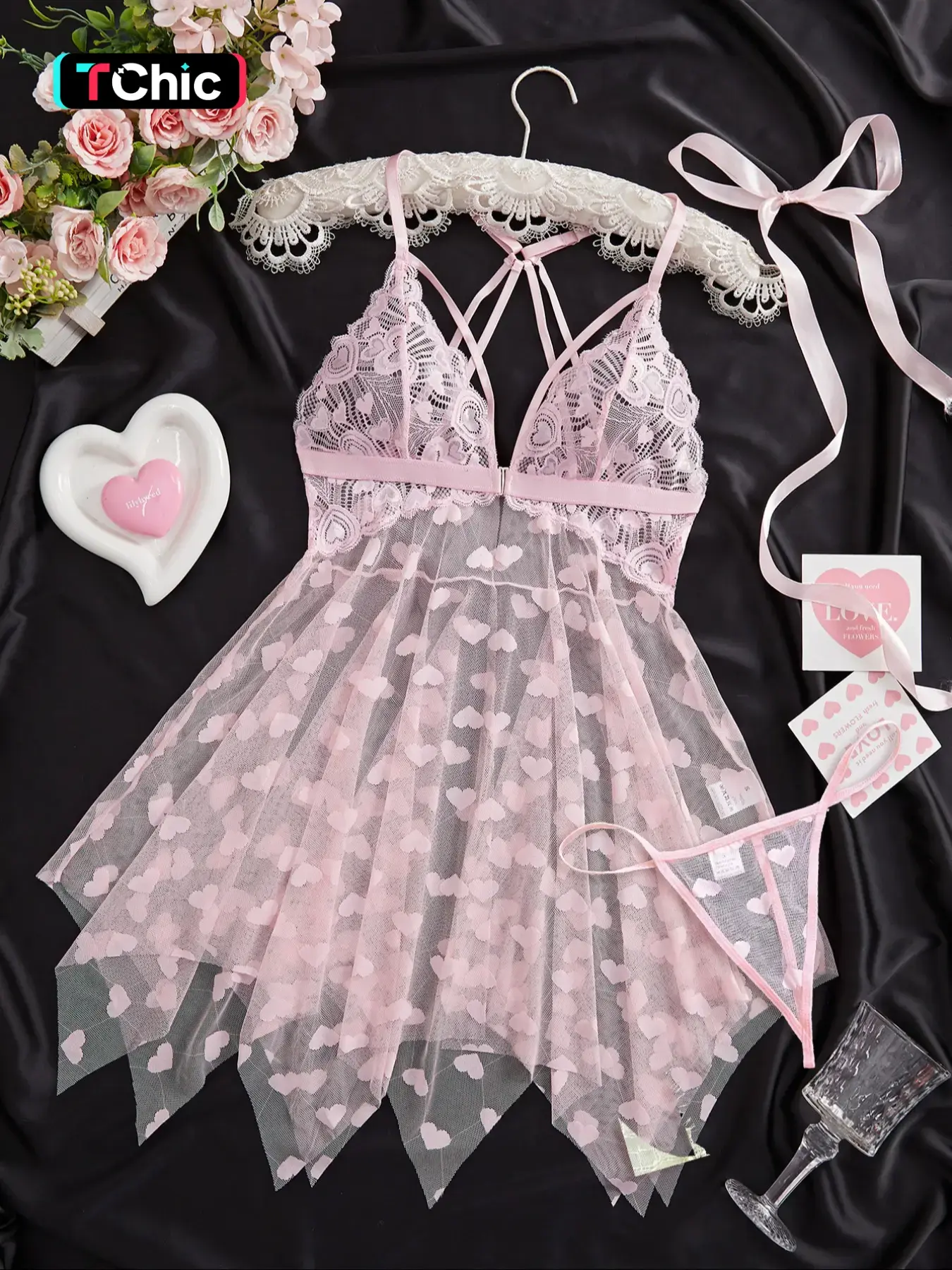 Women's Heart Print Lace Trim Cami Nightdress & Thong Sexy Sleepwear, Romantic Ruffle Trim Nighty Dress & Panty Set, Ladies Sleepwear for All Seasons, Loungewear, Sleepwear Nightgown