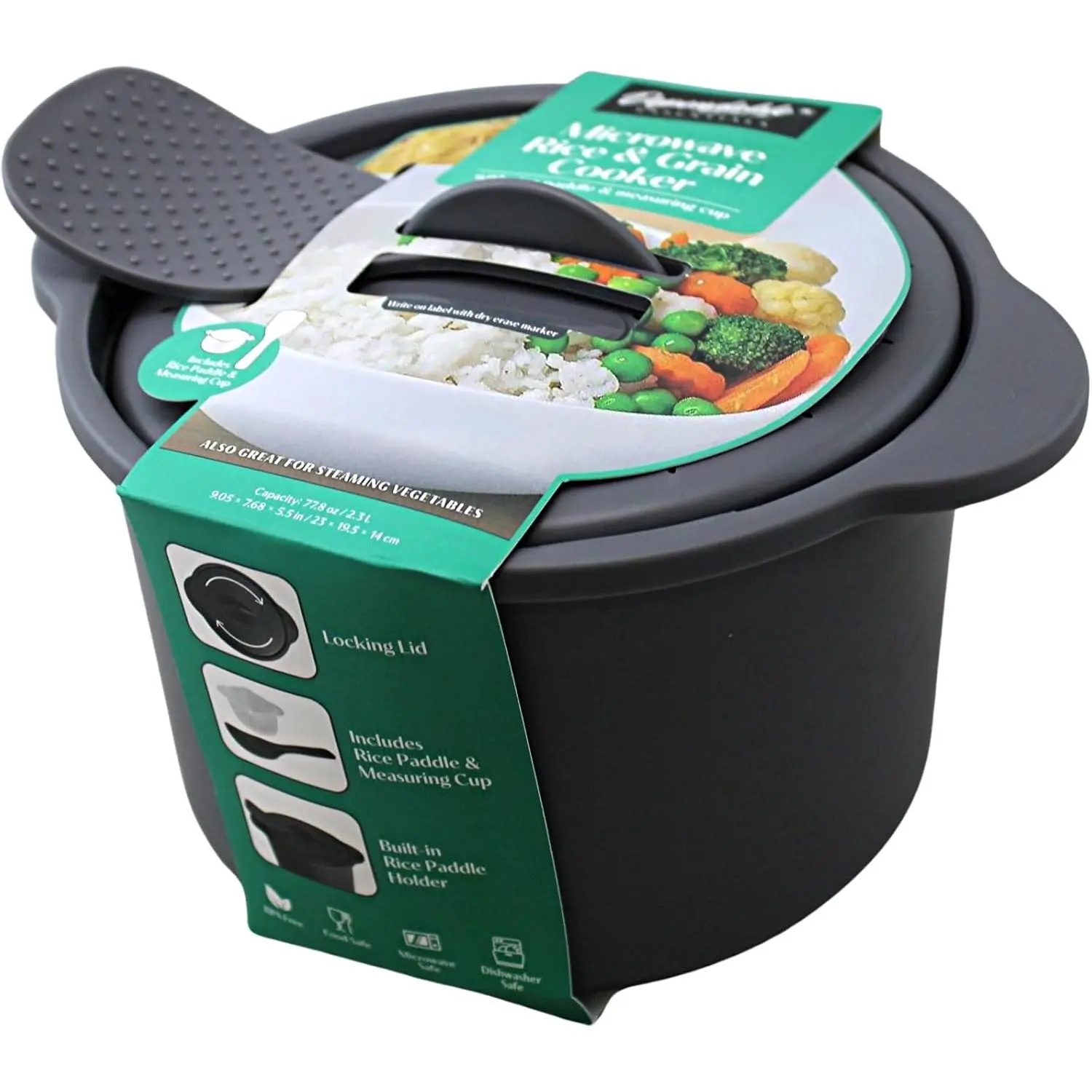 Essentials Multi Use Microwave Rice and Grain Cooker Vegetable Steamer with Mixing Serving Paddle and Measuring Cup BPA Free 2.7L