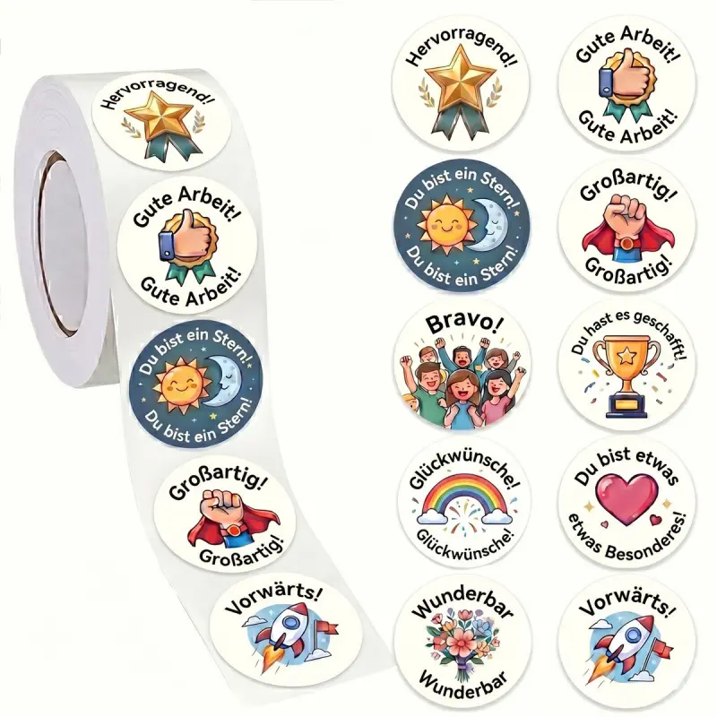 500Pcs Motivational Stickers, 10 Patterns Self-Adhesive Stickers, German Reward Stickers For Office Stationery Decorative Labels Sealing Stickers Tablet Sticker
