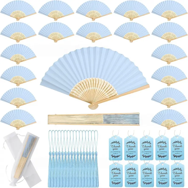 Blue Fan Set with 5 Fans, 5 Bags, 5 Kraft Papers, 5 Tassels, Perfect for Halloween Party, Wedding, Birthday, Various Events Decorations