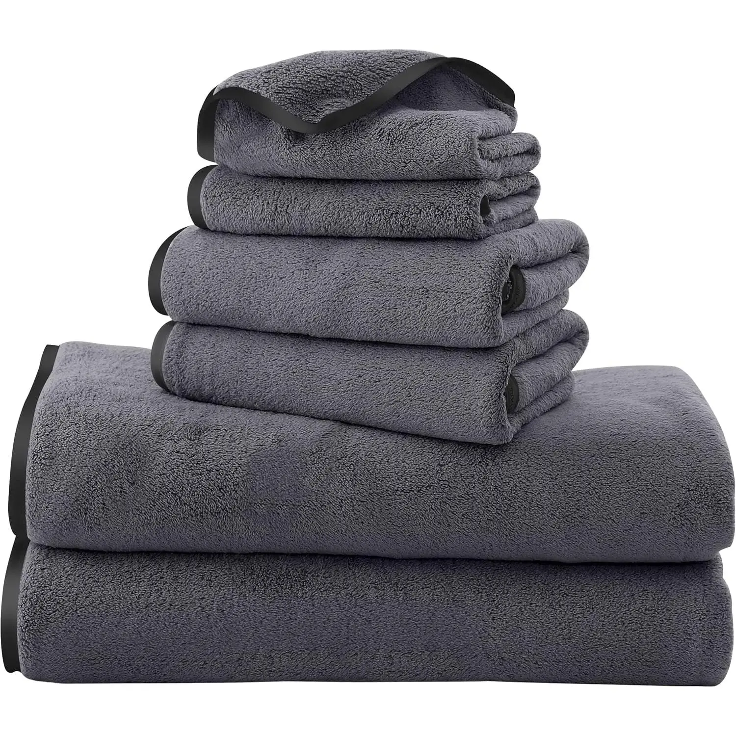 Luxury Silk Hemming Towel Set - Light Thin Quick Drying - 2 Bath Towels 2 Hand Towels 2 Washcloths - Ultra Soft Microfiber, for Bath Fitness, Sports, Yoga, Travel (Dark Grey 6 Pieces)
