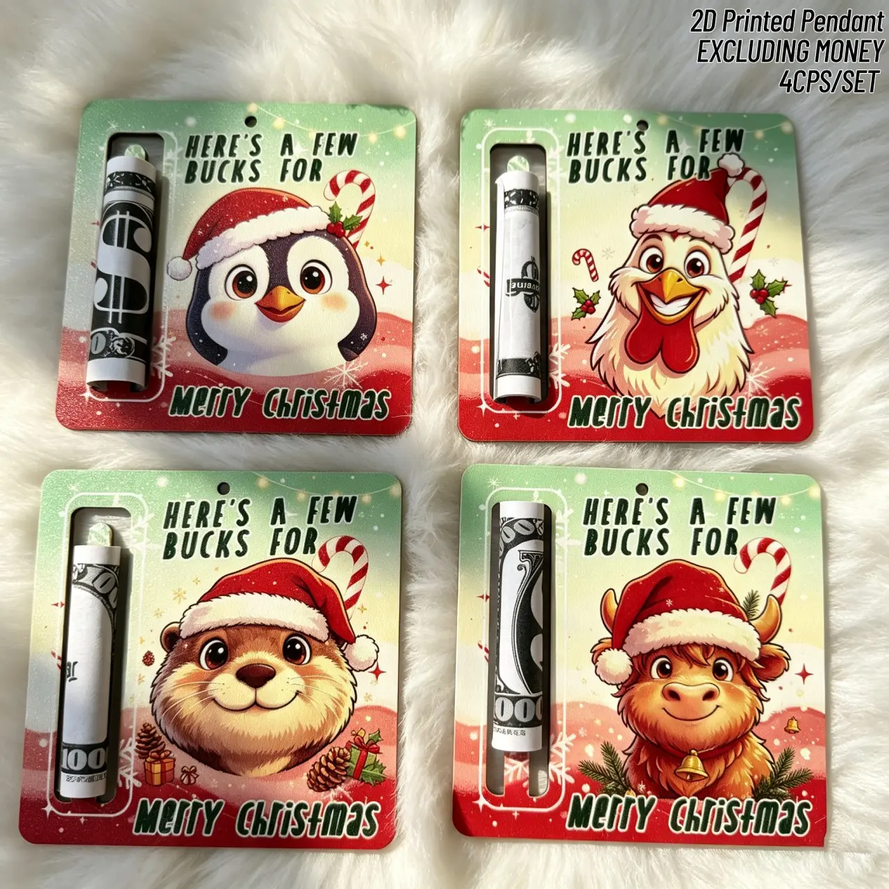 4-Piece 2D Flat Wooden Christmas Money Holder Set - Unique Holiday Cash Wallets with Penguin, Otter, Highland Cow Designs, Cute Christmas Animal Series - Christmas Cash Gifts and Stocking Stuffers for Son and Daughter