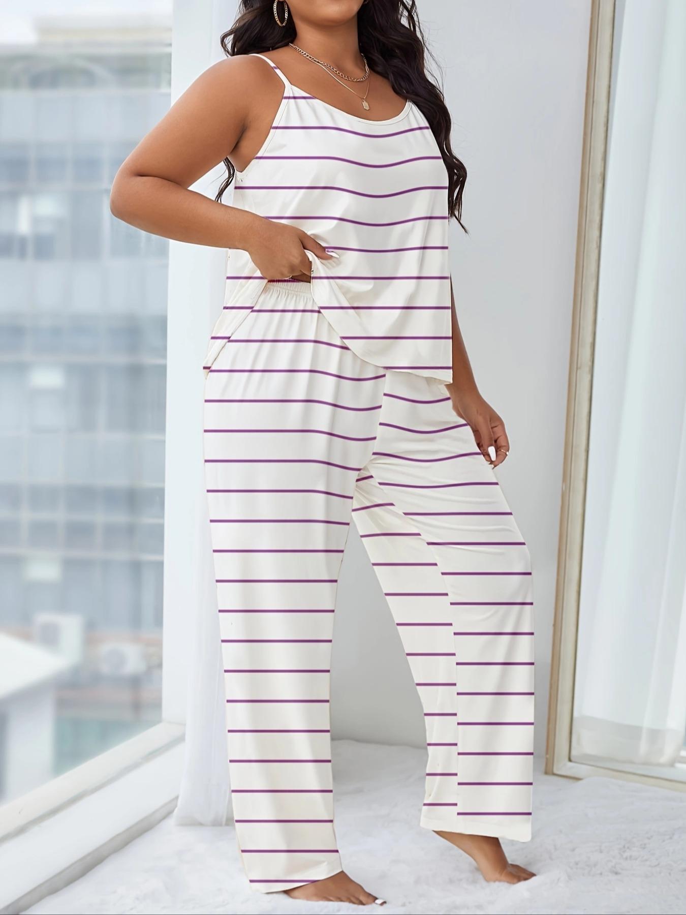 [Plus Size] Striped Print Cami Top & Pants Pyjama Two-piece Set, Casual Comfy Loungewear Set for Women, Women's Sleepwear for All Seasons, Homewear, Sleepwear Pajamas Set
