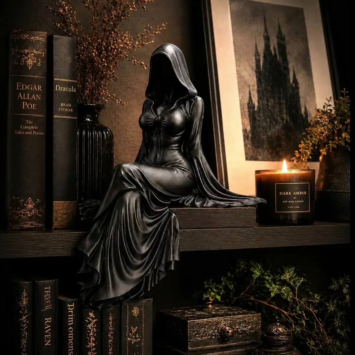 Gothic Lady Reaper Figurine, Statue Figurines, Dark Academia Bookshelf Decor,Mysterious Accent, Gothic Hooded Woman Statue, Witchy Spooky Accent for Alt Aesthetic,Decorative Statues, Decoration Figure, Room Decor Statue
