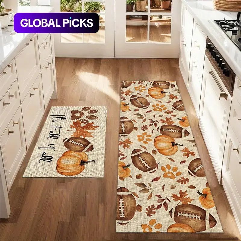 2Pcs Autumn Pumpkin Football Maple Leaf Floor Mat Set Farmhouse Rugs for Kitchen Kitchen Floor Rugs Dining Room Flooring Laundry Room Decor Carpet Mat, Household Decorative Rug #GLOBAL PICKS