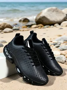 Men's Sporty Sneakers, PU Leather Colorblock Design, Breathable Perforated Upper, Shock Absorption Bubble Padding, All-Season Wear