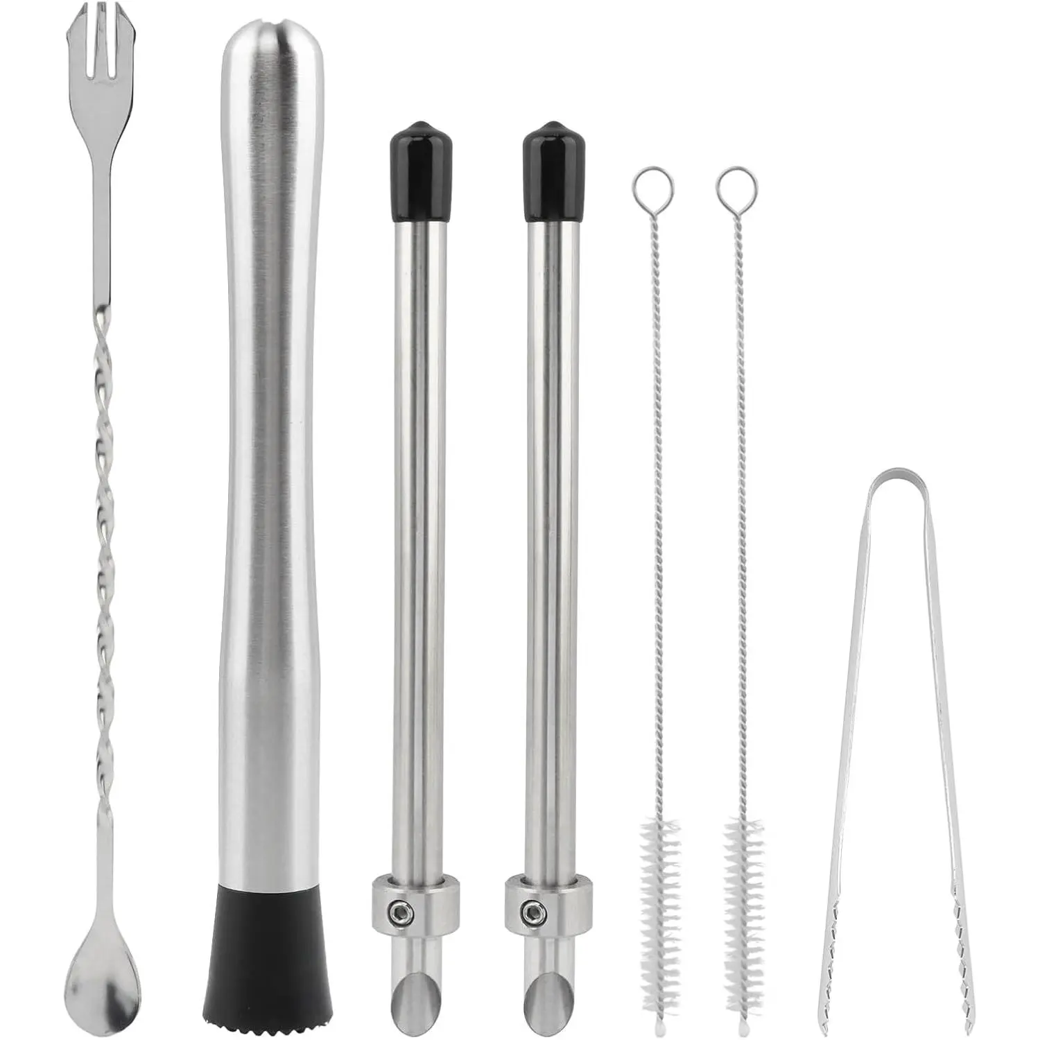 7PCS Straw Hole Puncher Set,2pcs Straw Puncher for Lemonade Plastic Lids Cups,& Cocktail Muddler for Lemonade Mixing Rod Spoon,Ice Tweezers,2pcs Brush,for Lemonade Stands Supplies