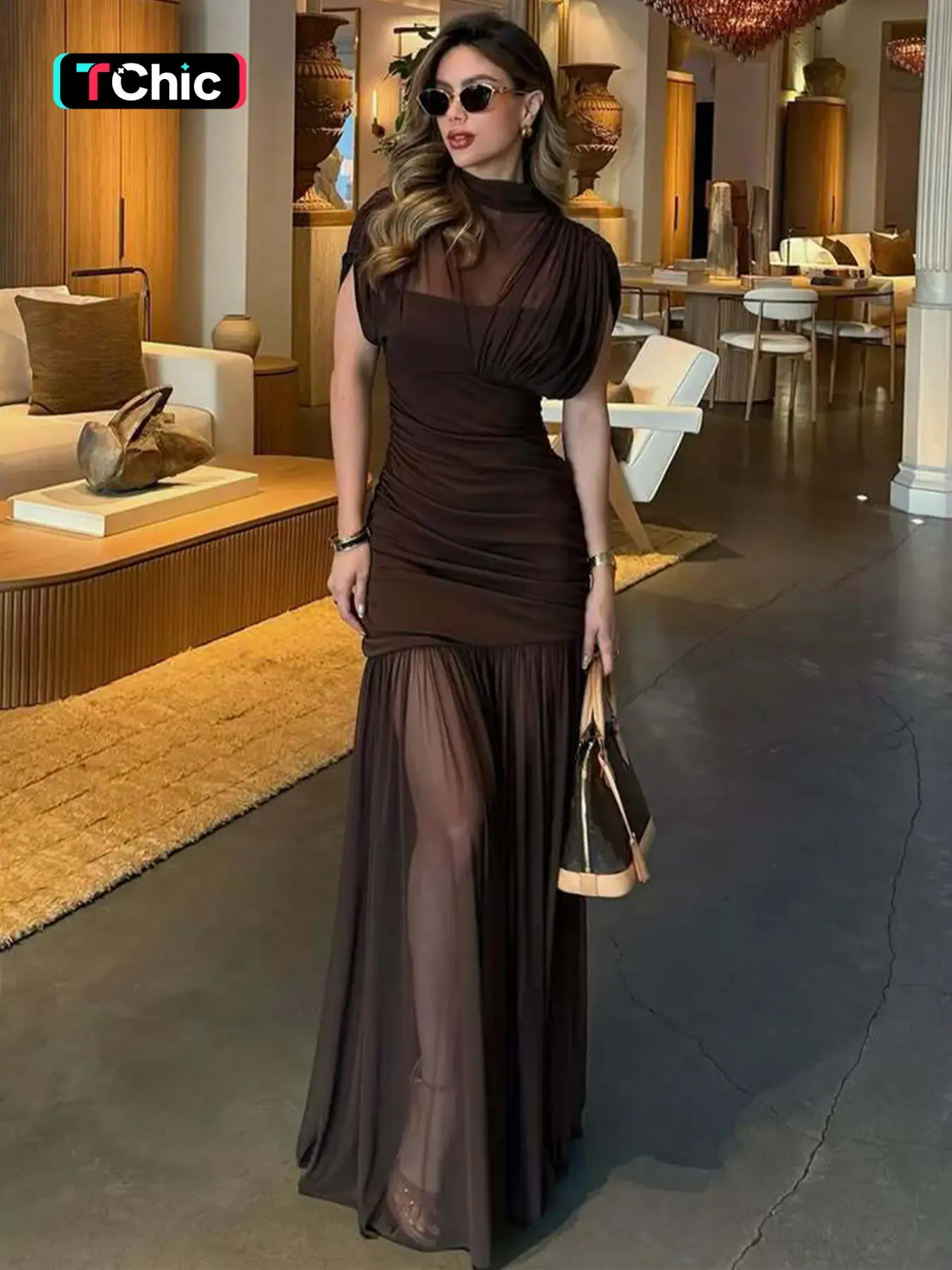 Women's Solid Mesh Sheer Ruched Drop Shoulder Cap Short Sleeves Bodycon Dress, elegant dress, Sexy Mock Neck See Through Plain Slim Fit Maxi Dress, Party Evening Gown, Holiday Daily Casual Slip Long Dresses Summer Fashion Clothes, Elegant evening wear