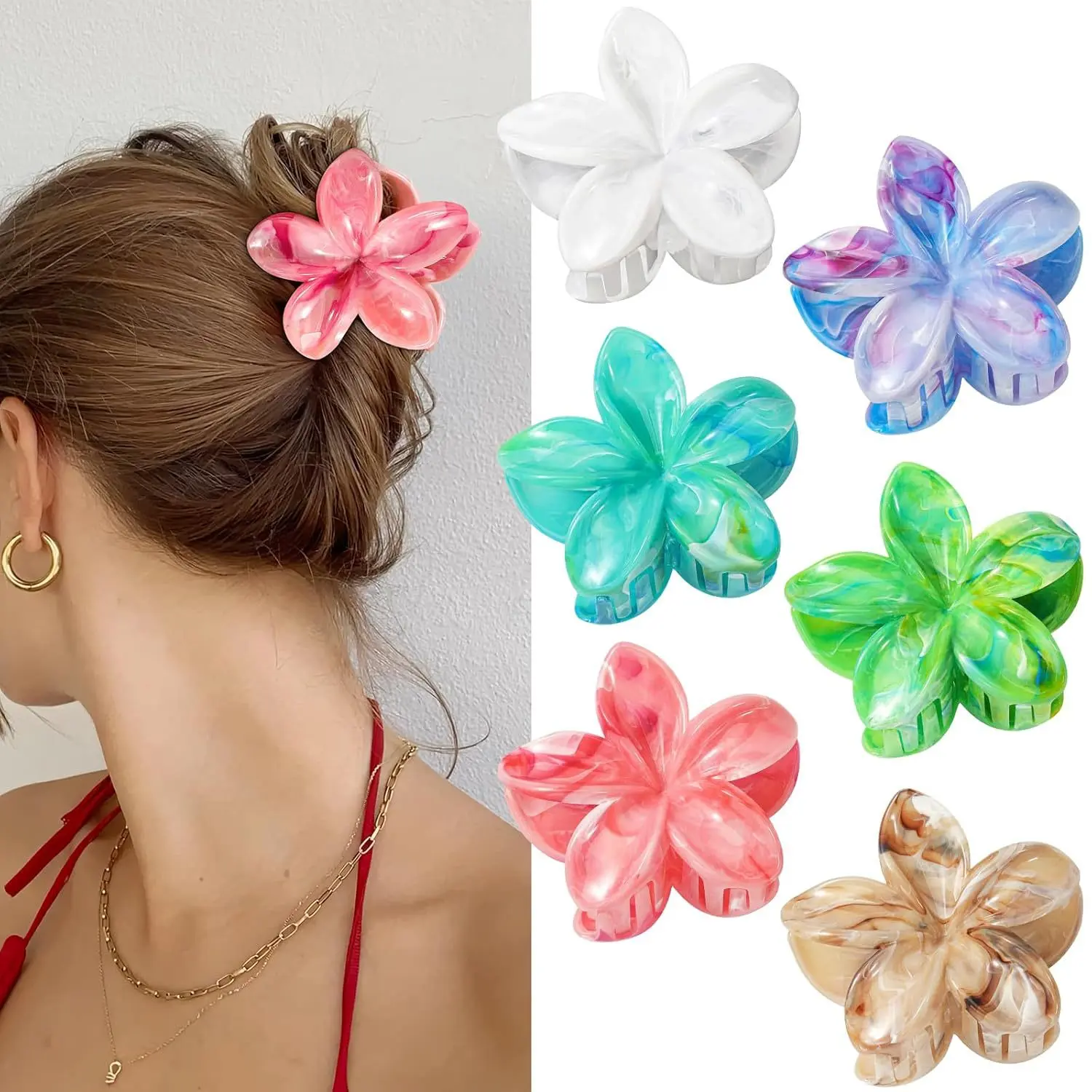 6-Pack Plumeria Flower Hair Claw Clips Hawaiian Tropical Beach Acetate Style Marble Print Non-Slip Hair Clamps Summer Vacation Hair Accessories Set