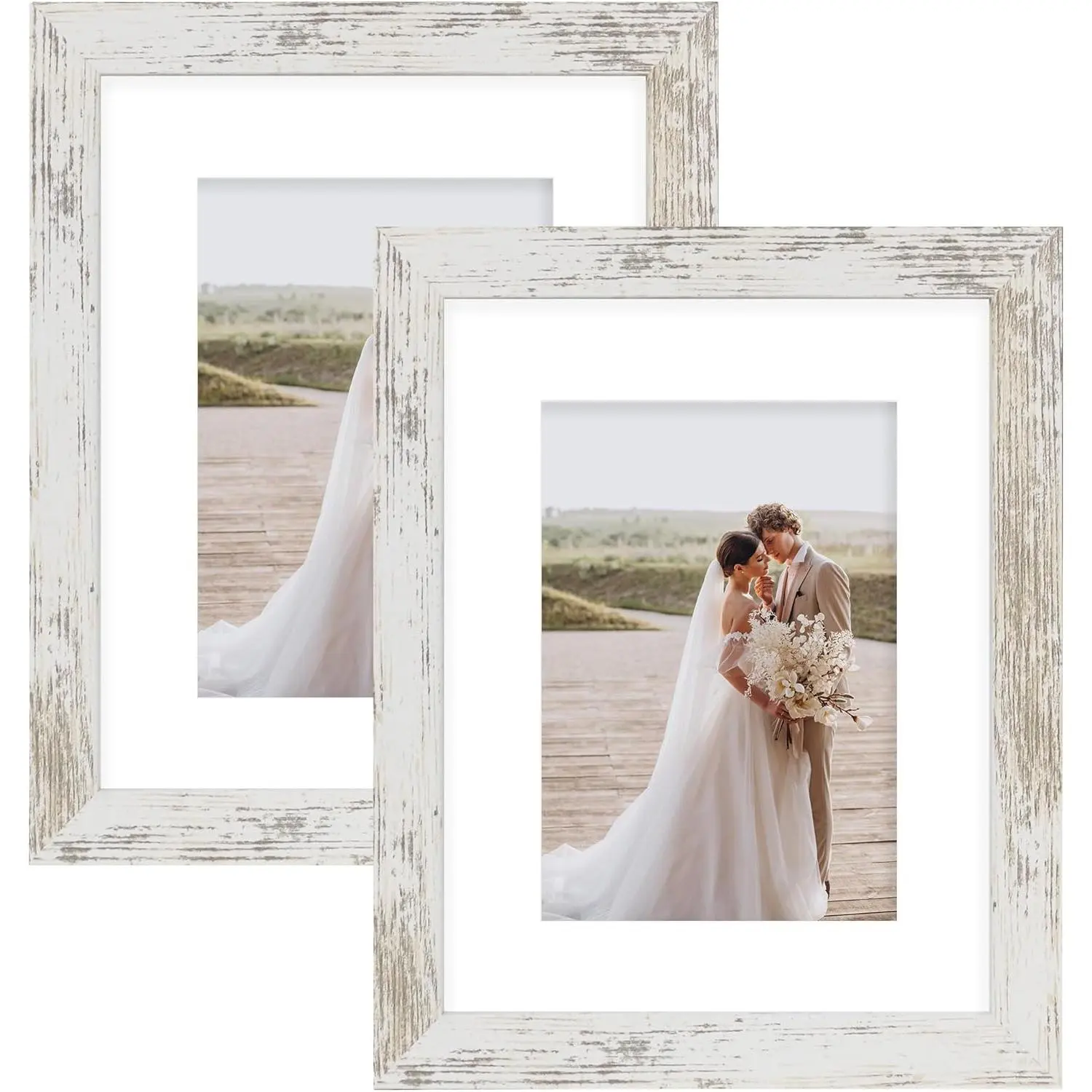 8x10 Picture Frame Set of 2, Made of Real Glass and Distressed White Wooden Frame - Display Picture 5x7 with Mat or 8x10 Without Mat, 8 by 10 Photo for Wall or Tabletop