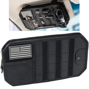 Car sun visor organizer bag with MOLLE HOOK & LOOP panel, zippered pocket and glasses clip. Universal design, suitable for trucks, SUVs, jeeps, patrol cars. Semi-rigid organizer bag.