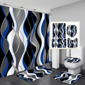 4 Pcs Blue Grey Black White Modern Striped Bathroom Set, Includes Shower Curtain, Rugs, Toilet Lid Cover and Hooks for Bathroom Decor