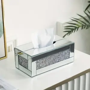 Rectangular Mirrored Glass Tissue Box Cover,Crystal Crushed Diamond Tissue Box,Silver Luxury Tissue Holders for Either Tissues in a Bathroom or Napkins on a Table