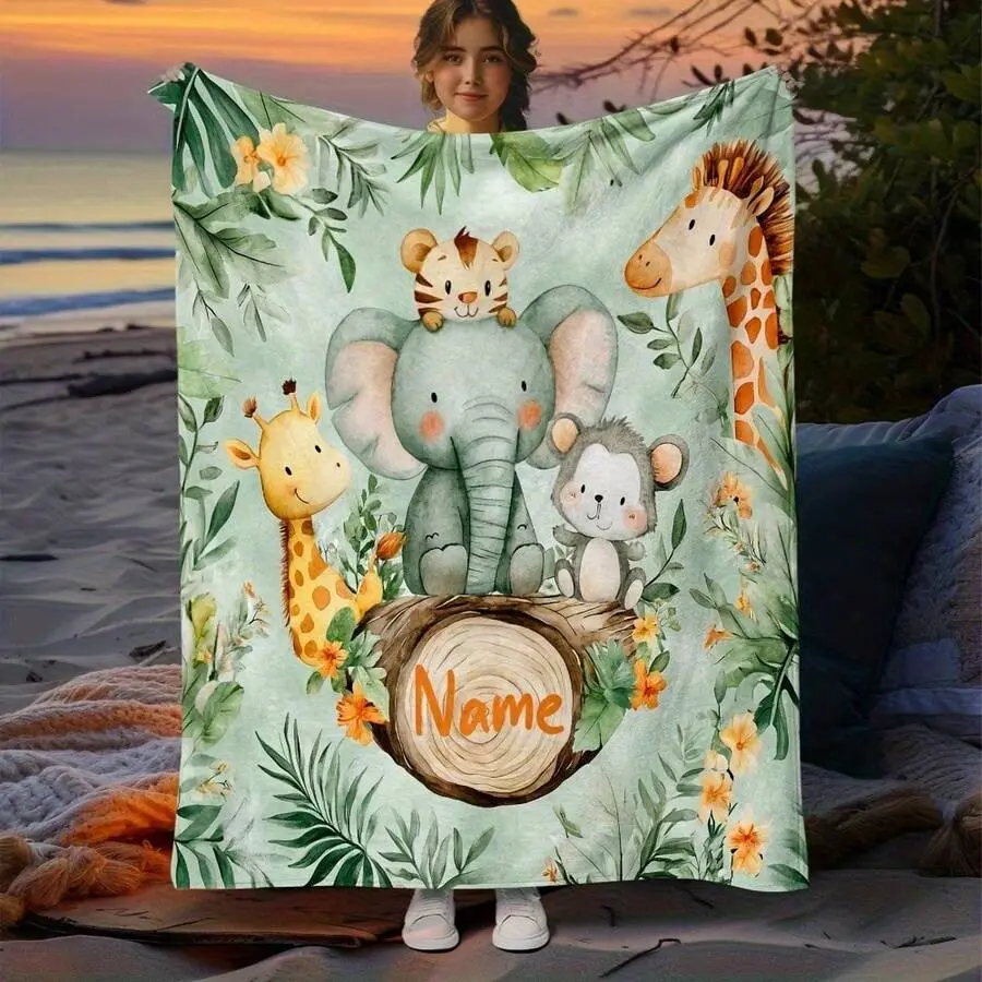 Customized Jungle Animals Flannel Throw Blanket - Personalized Name, Wrinkle-Resistant, Breathable, Durable, Fade-Resistant, Soft Cozy Warm, Elephant Tiger Giraffe Monkey Design, Cute Room Decor