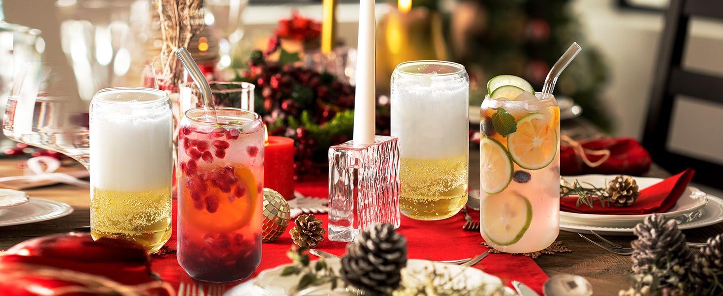 Glasses with Glass Straw 4pcs Set - 16oz Highball Glass Cups, Beer Glasses, Iced Coffee Glasses, Cute Tumbler Cup, Ideal for Whiskey, Soda, Tea, Water, Gift, 1 Brushes