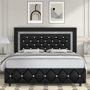 Twin/ Full/ Queen/ King Size Bed Frame, Upholstered Bed Frame With Diamond Headboard And Footboard, Pearl White/ Beige/ Black/ Grey/ Pink/ Purple/ Green