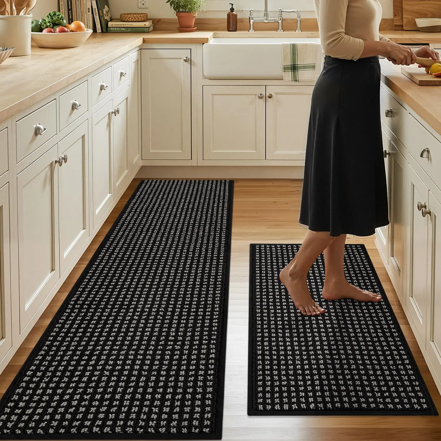Waffle Kitchen Runner Rugs Set of 2,Non Slip Kitchen Mats for Floor | [No Crease] 17"x29"+17"x59",Non Slip,Washable,Kitchen Runner Carpet for RV,Hallways,Entryway,Laundry Room,(Black)