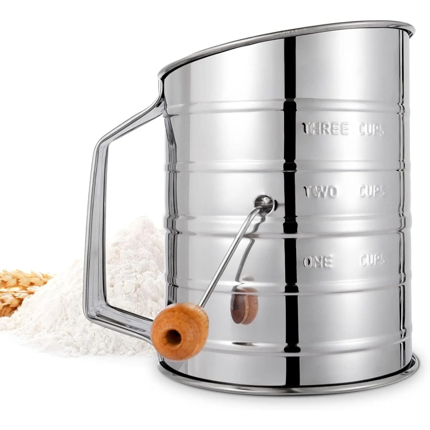 Flour Sifter, Hand Crank Sifter for Baking with Fine Mesh Rotary | 3 Cup, Stainless Steel, Quick Sifting with Loop Agitator, for Baking Cakes and Spices