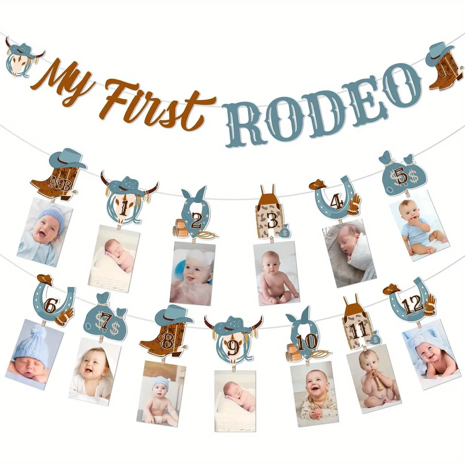1-Set Pre-Assembled Eco-Friendly Durable Cloth My First Rodeo Photo Banner Bunting Garlands, Wild West Theme Happy Birthday Photo Props for Baby Boys, 1st Anniversary Party Decorations, Western Cowboy Newborn-12 Month Supplies, Newborn To 12 Month
