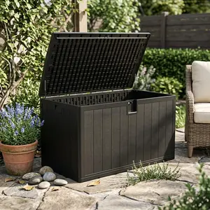 130Gal Resin Deck Storage Bench | Lockable Weatherproof, Hydraulic Soft Close Lid, 2-Person Seating for Patio Pool
