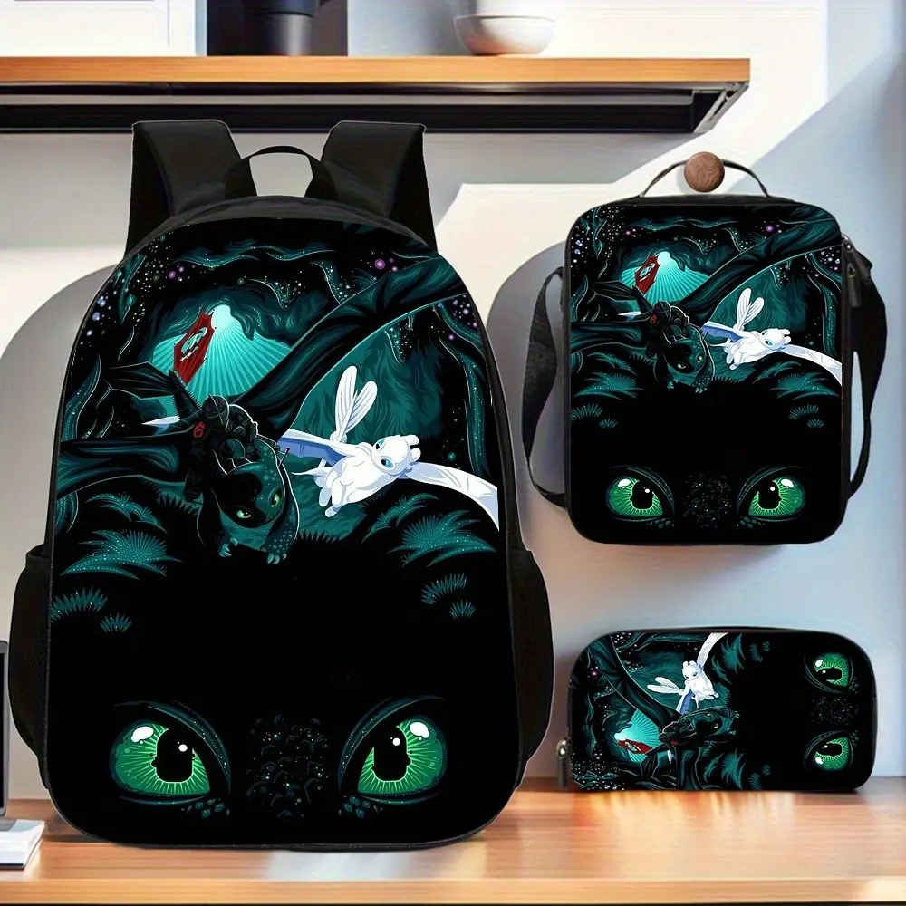 How to Train Your Dragon Toothless & Light Fury 3-Piece Backpack Set - Oxford Cloth Daypack with Adjustable Straps, Lunch Bag, Pencil Case for Kids & Movie Fans