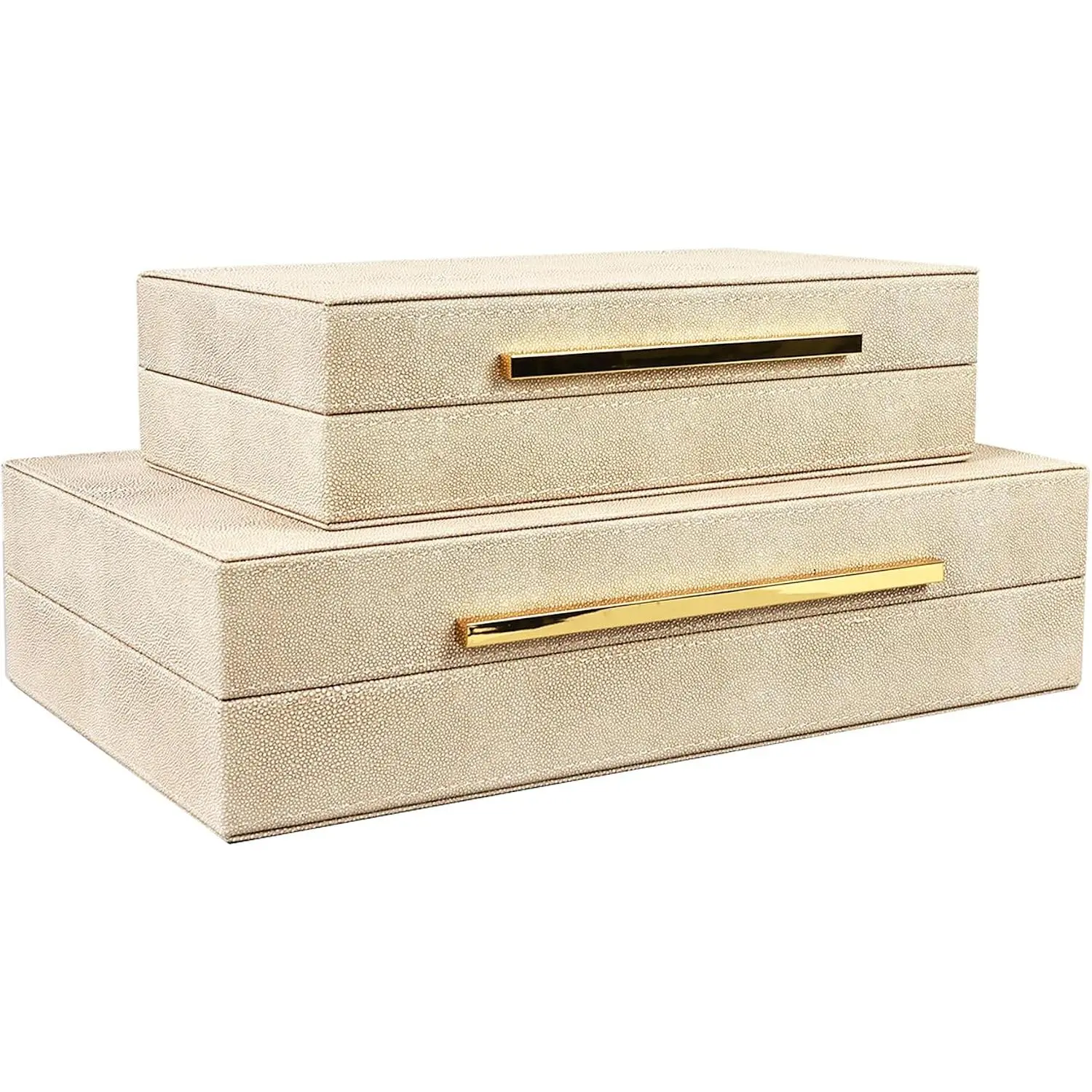 Set of 2 Beige Faux Leather Decorative Storage Boxes with Metal Handles | Stackable Nesting  Box Organizer Photo Organizer for  Decor