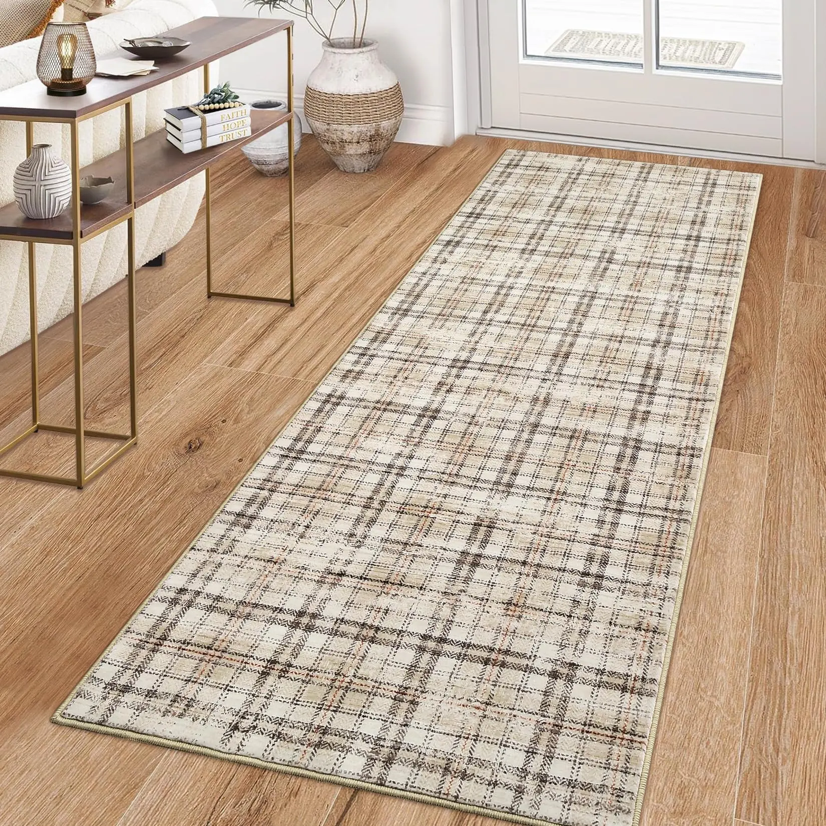 Garvee Washable Modern Tartan Plaid Non Slip Kitchen & Bedroom 2'x6' Beige Stain Resistant Throw Rug