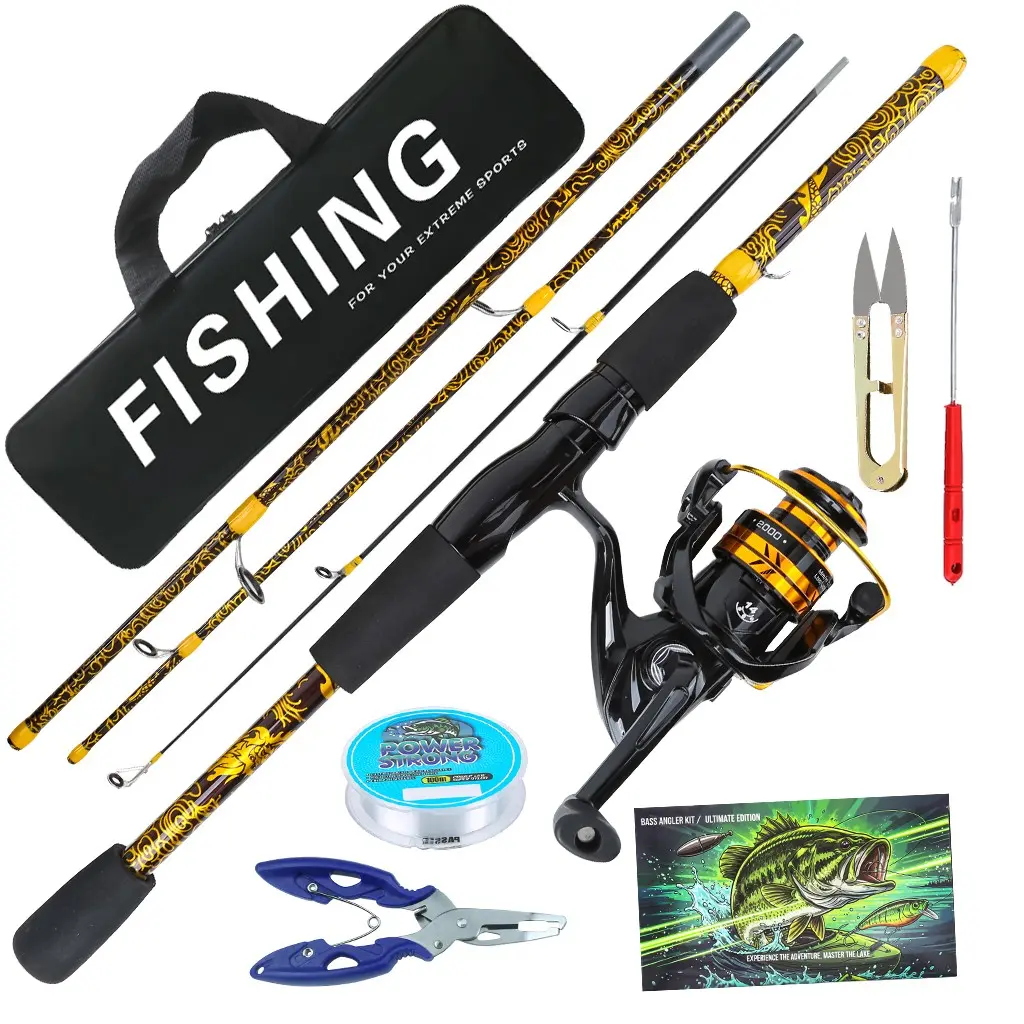 Portable Lure Rod Set, Gold Pattern, Carbon Fiber Telescopic Rod, Smooth 2000 Reel, Outdoor Fishing Gear, River Lake Sea Fishing Equipment