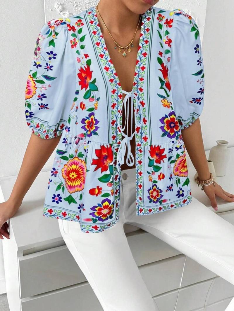 Women's Floral Print Tie Front Blouse, Boho Casual Fashionable Top for Daily Holiday Vacation Wear, Women Clothing for Summer, Lady, Womenswear, Casual Shirts
