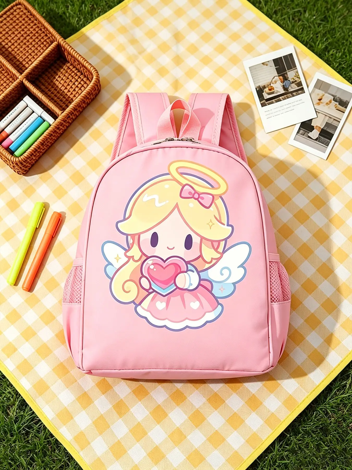 Angel Backpack with Halo Wings, Cute Animal Print, Lightweight Design, Side Mesh Pockets for Water Bottle & Umbrella, Perfect for School, Picnic, Travel