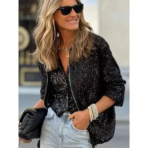ACTIVEKITA shiny baseball jacket suitable for young women, with a fashionable zipper closure and full sequins. Suitable for parties and daily wear, suitable for all seasons, women's clothing