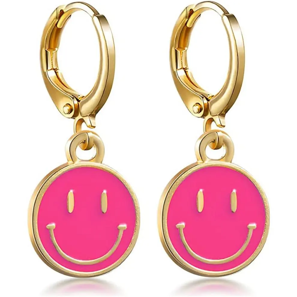 Preppy Earrings for Women Smile Face Heart Charms Pendants Gold Small Huggie Hoop Dangle Drop Earrings Trendy Y2K Jewelry Gifts