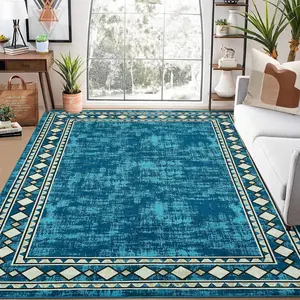 Garvee 8x10 Large Washable Rug for Living Room, Bedroom, Office, Dining Room - Modern Geometric Print, Non-Slip, Low Pile, Foldable Carpet Mat in Sapphire Blue