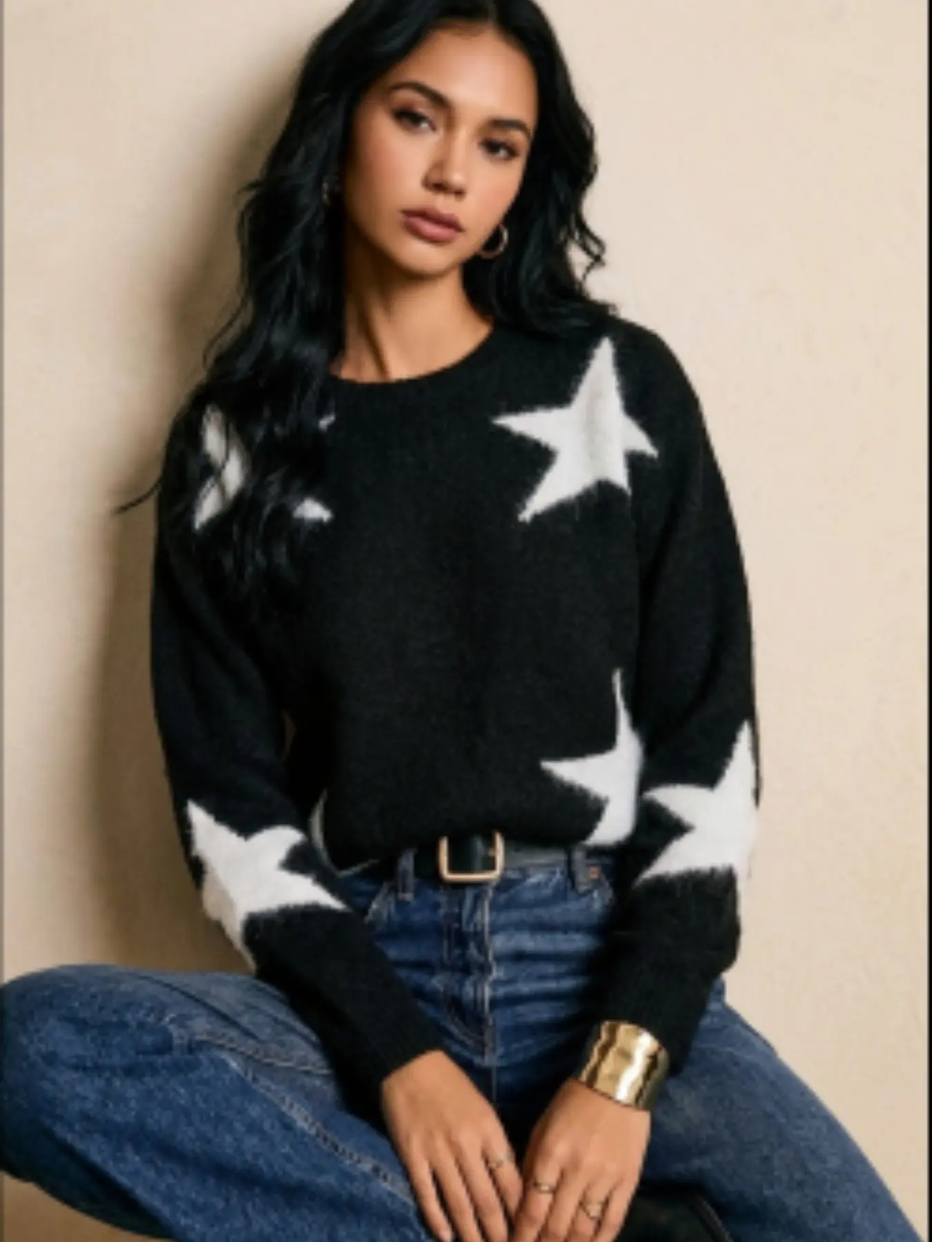 Women's Soft Fuzzy Star Print Round Neck Loose Knit Sweater, Fall Winter Streetwear Casual Daily Top, Fashionable Pullover