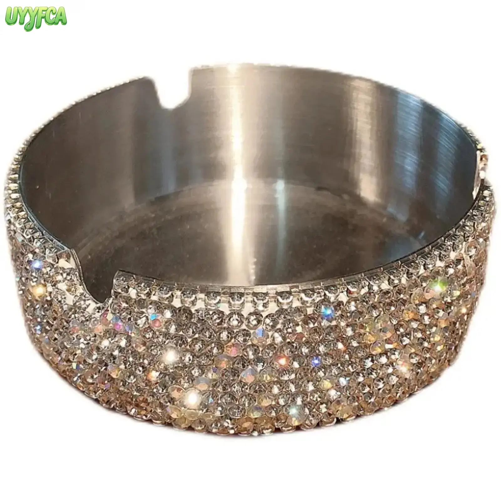 Full Rhinestone Wrapped Round Stainless Steel Ashtray With 3 Cigarette Slots, Light Luxury Bling Tabletop Smoking Accessory Rust Resistant Metal Ash Holder Compact, Glam Aesthetic Decor For Bedroom Office Coffee,Summervibes,Summerwins