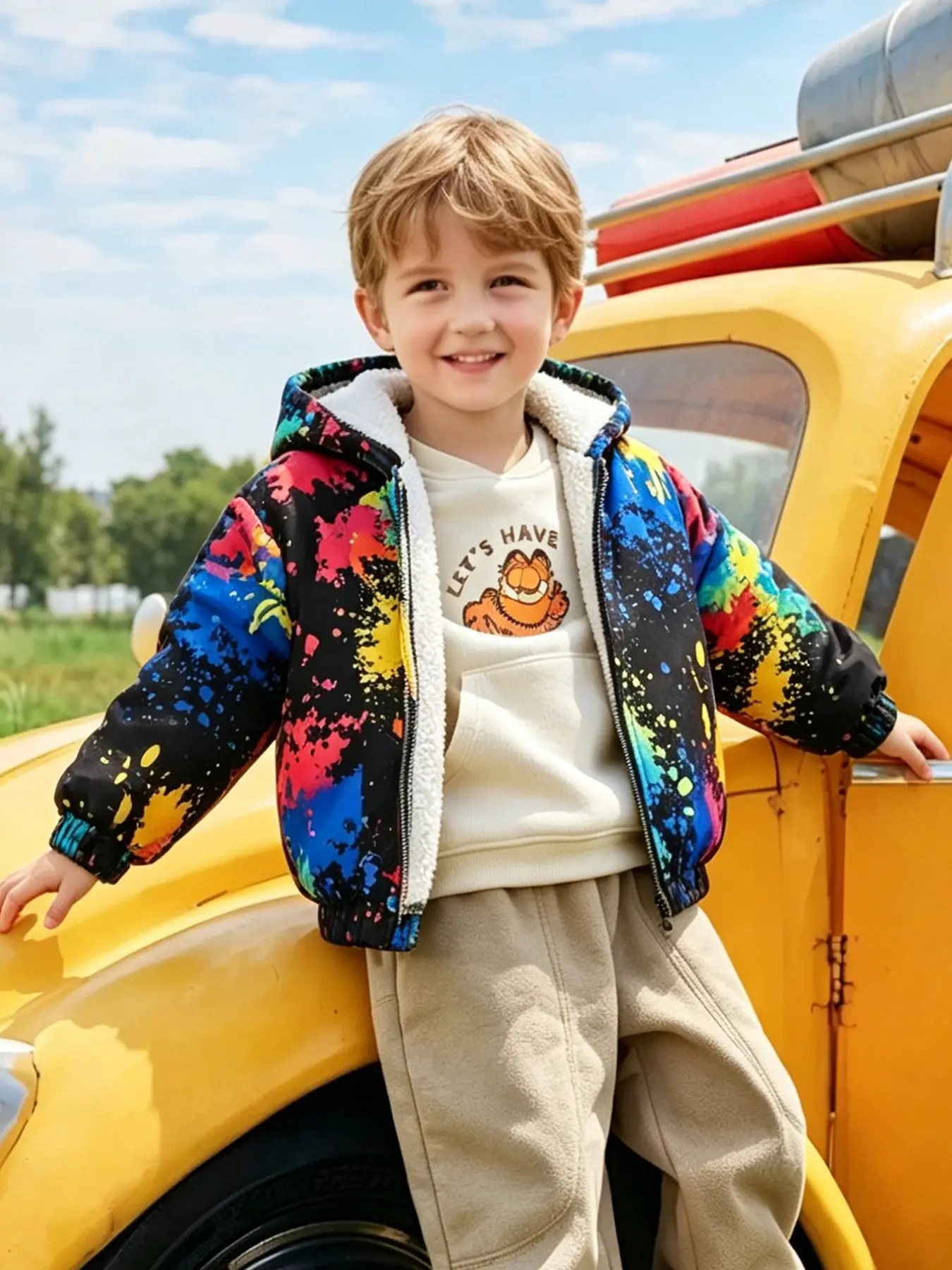 Boy's Fall-Winter Hooded Coat With Colorful Splatter Painting Print Lining And Thickened For Comfort And Warmth. Casual Coat With Zipper. (Only The Coat) # Boy's Fall-Winter Coat # Doodle Children's Clothing # Children's Casual Top