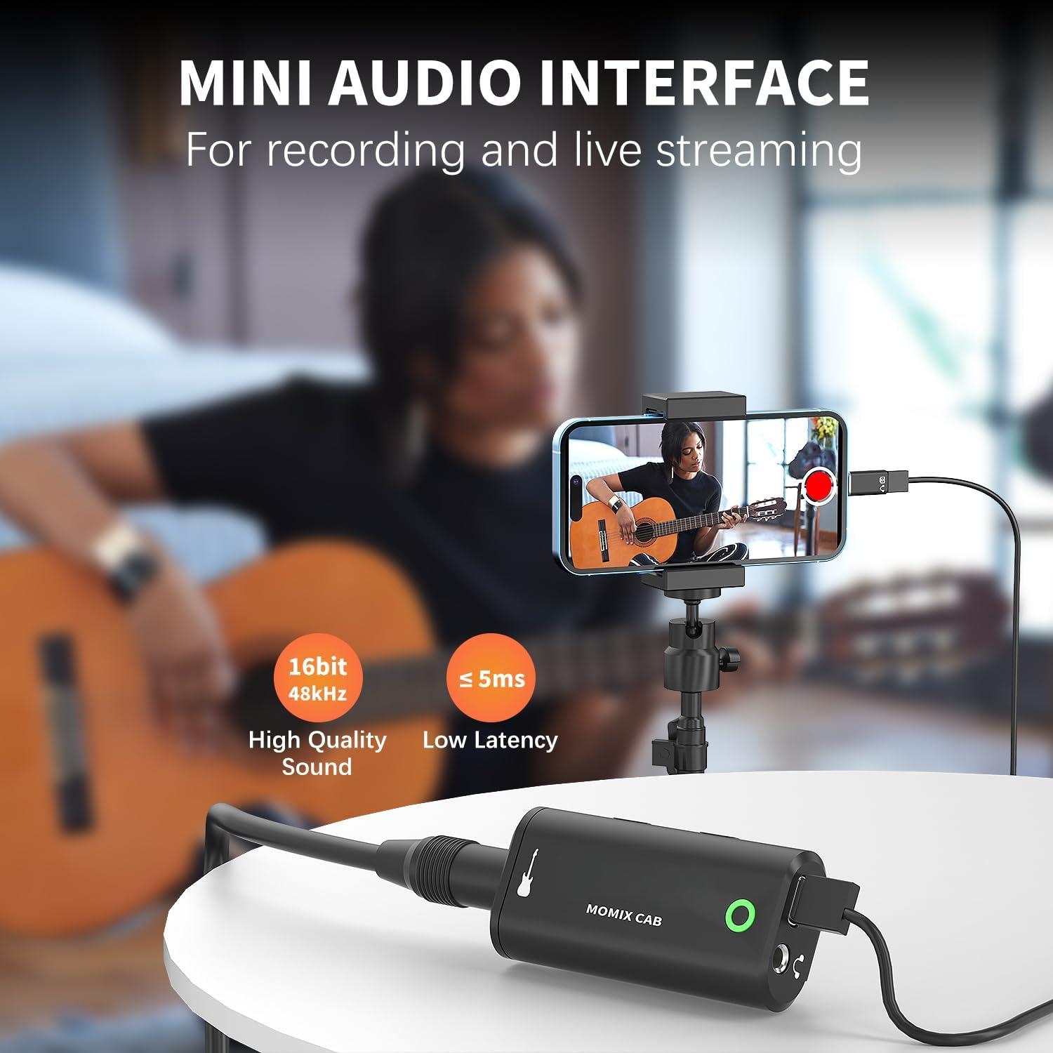 Guitar Audio Interface Pocket Internal Recording Sound Card with Type-C & Lightning for Live Streaming by iPad, iPhone, Android, PC Plug and Laptop Plug & Play