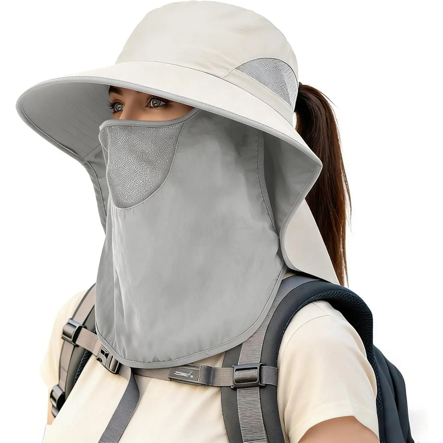 Adults' Unisex Nylon Wide Brim Ponytail Sun Hat for Hiking, Cycling Enthusiasts - UPF 50+ 99% UV Blocking, Removable Face & Neck Flap, Retractable Ergonomic Design, Cooling, Dark Grey+Beige Sporty Chic Outdoor Hat