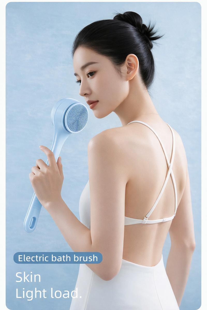 Rechargeable Electric Body Scrubber, Waterproof 360° Rotating Shower Brush with Dual Grip Handles, Full Body Bath Brush with 4 Detachable Heads for Deep Cleansing