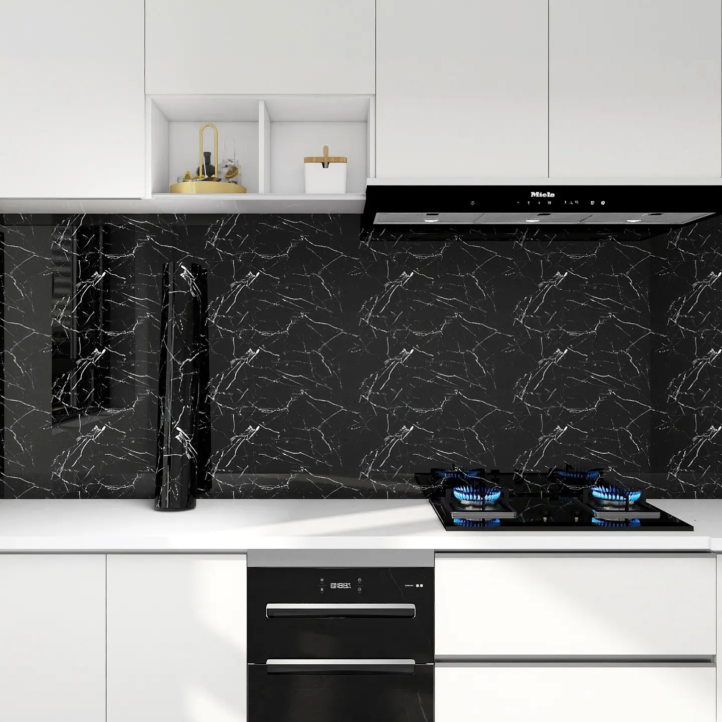 Glossy Black Marble Contact Paper 17.72in*118.11in/196.85in,Self-Adhesive Grey White Kitchen Backsplash Wallpaper - Peel and Stick  Decorative Paper for Kitchen Countertop,Desktop, Home Living Room Bathroom